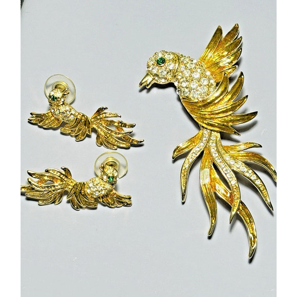 Vtg Set 3, Bird of Paradise Lg 3" Enamel Rhinestone Chrystal Pin Brooch/Earrings - Picture 15 of 16